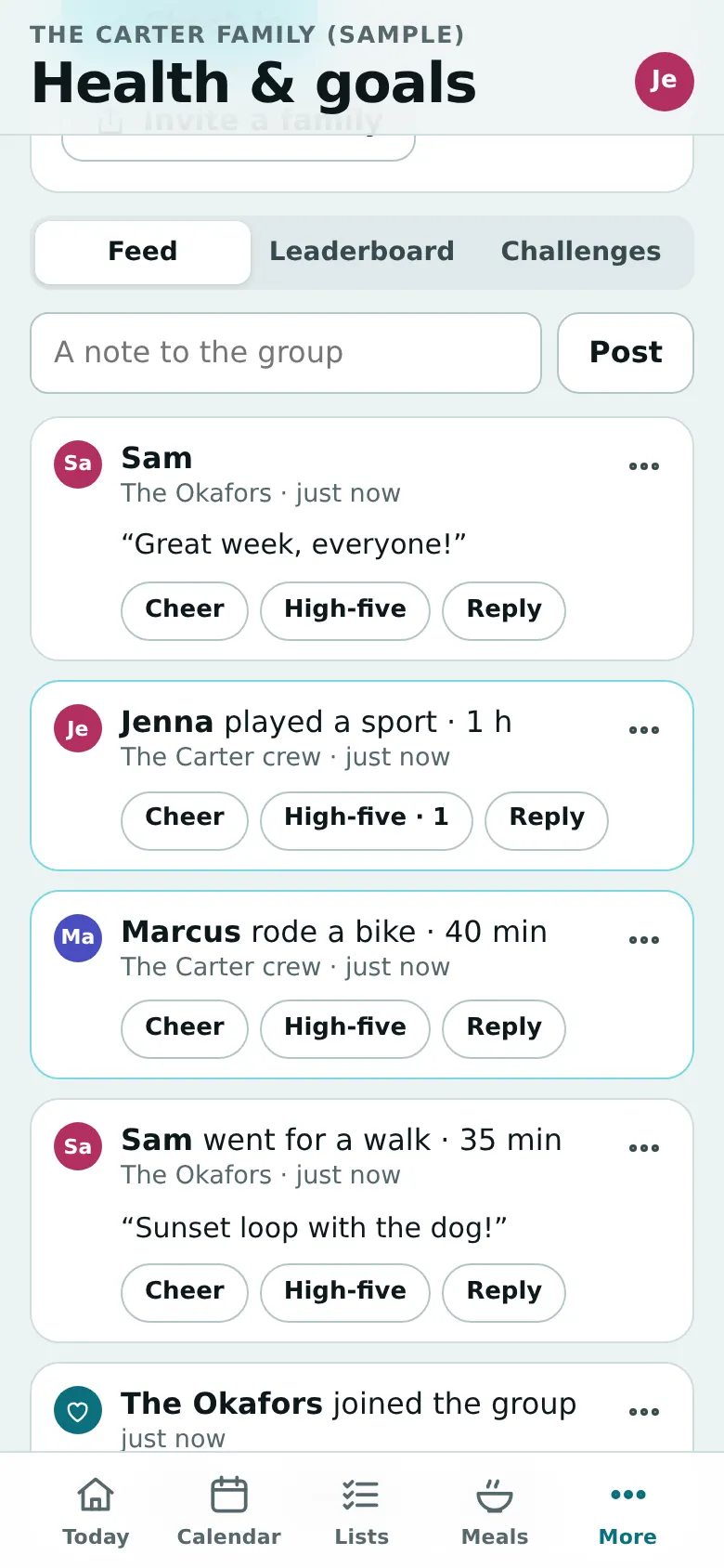 An accountability group in Huddle: check-ins from two families with cheers and high-fives
