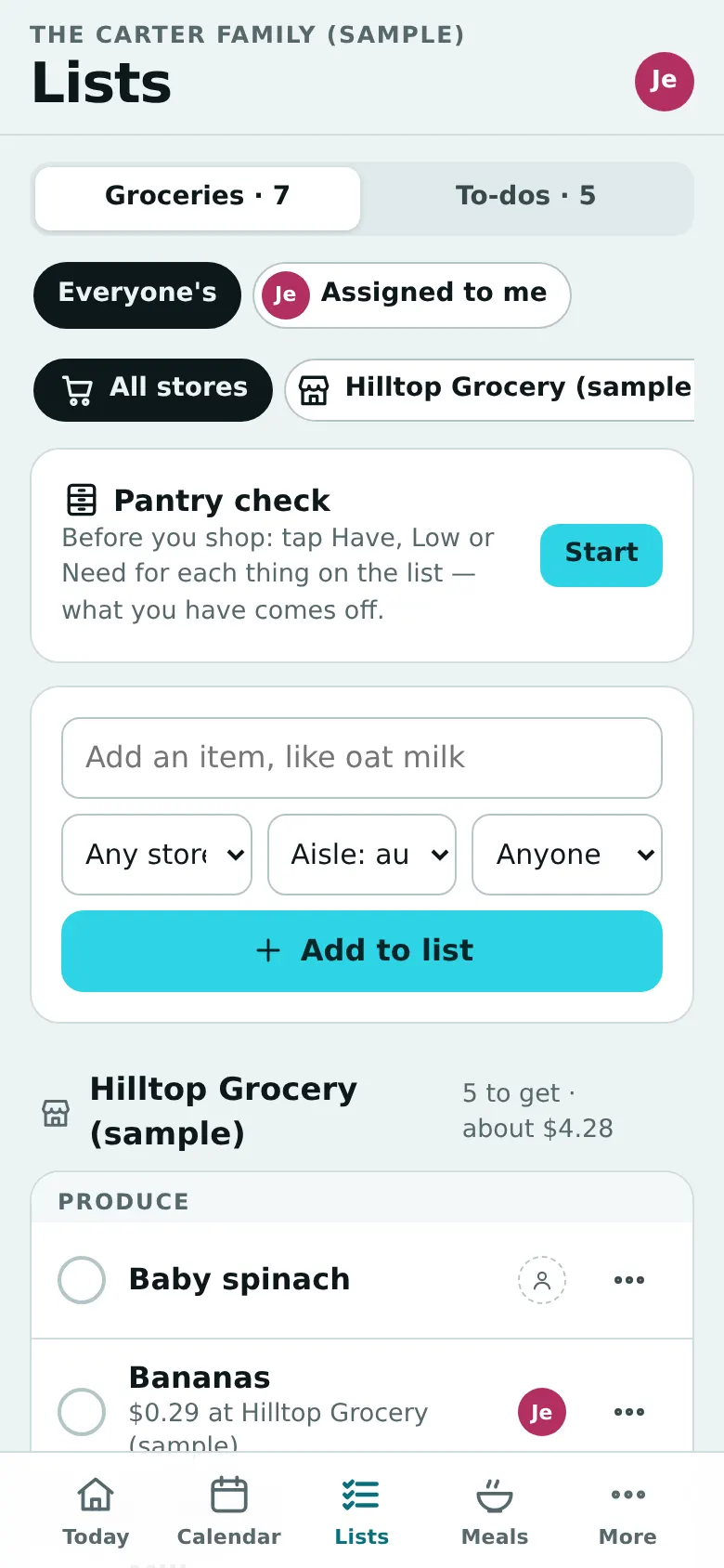 The grocery list grouped by store and aisle, with prices and the cheapest store
